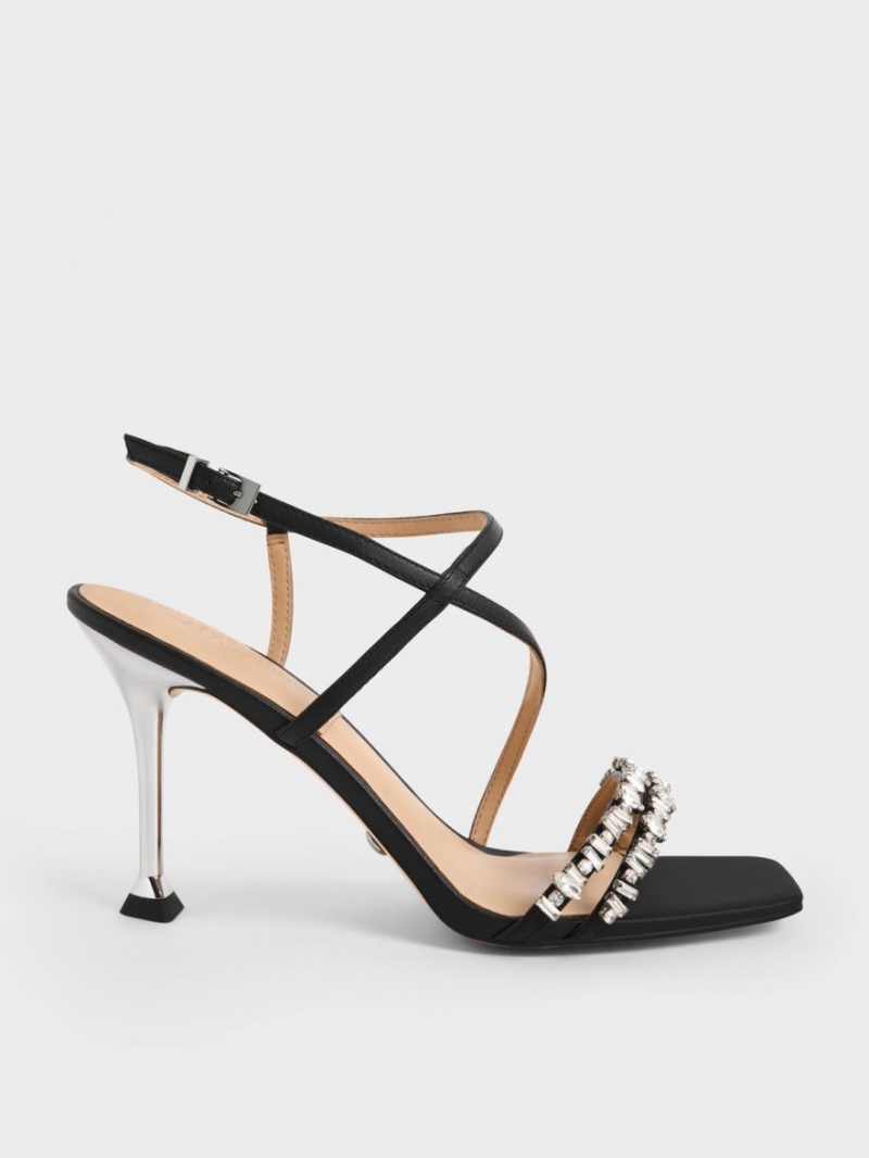 Charles & Keith Lær Gem-Embellished Sandaler Med Reim Svarte | QVPFA8694