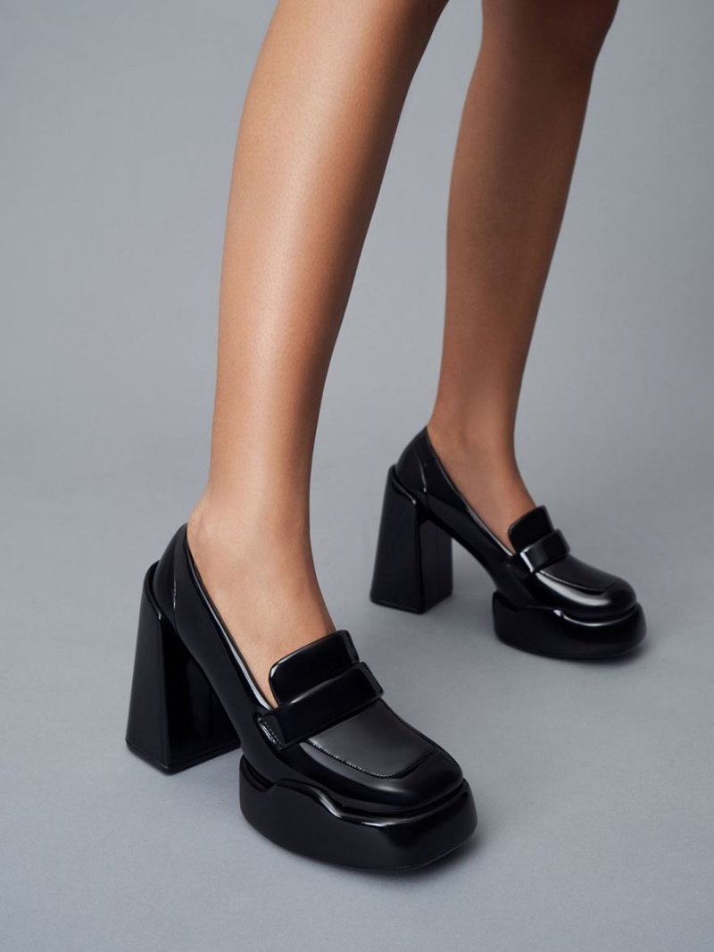 Charles & Keith Lula Patent Loafer Pumps Svarte | SGBKZ5790