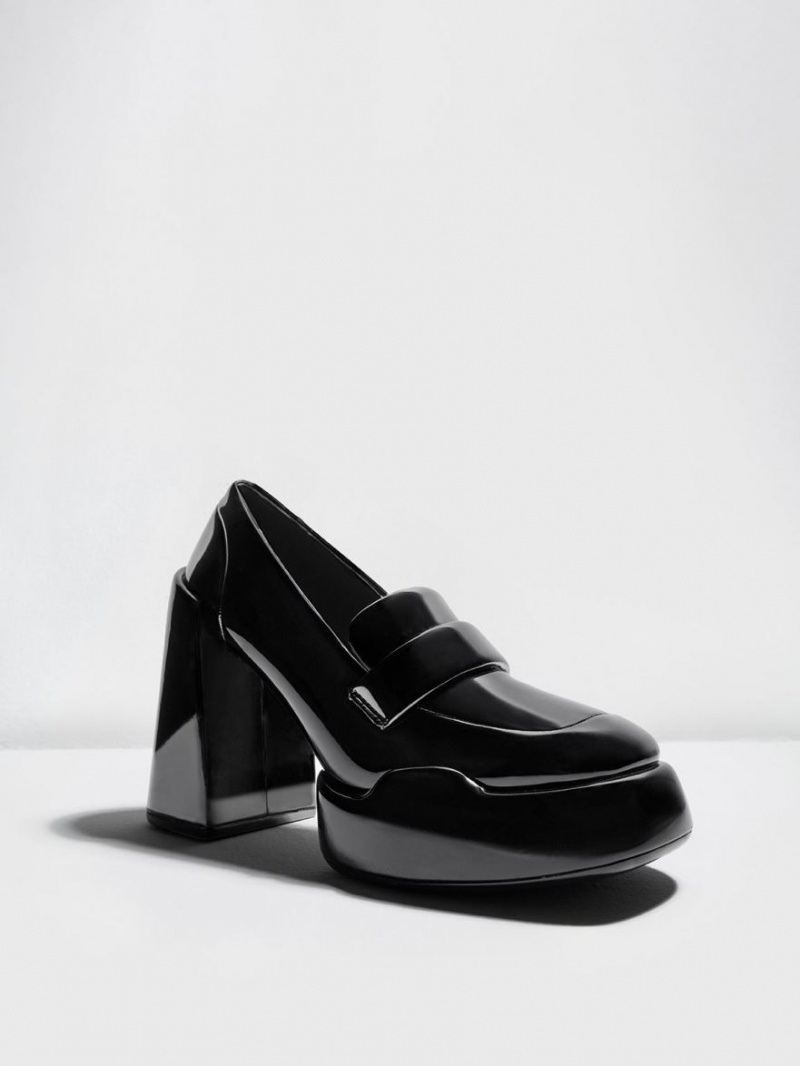 Charles & Keith Lula Patent Loafer Pumps Svarte | SGBKZ5790