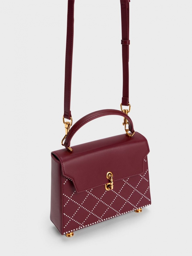 Charles & Keith Marietta Bead-Embellished Trapeze Tote Veske Burgunder | OTCGL2158