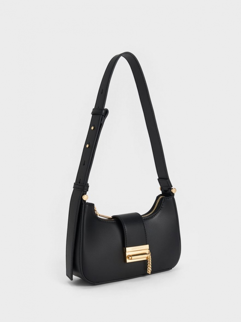 Charles & Keith Metallic Accent Belted Tote Veske Svarte | LMPIH2685