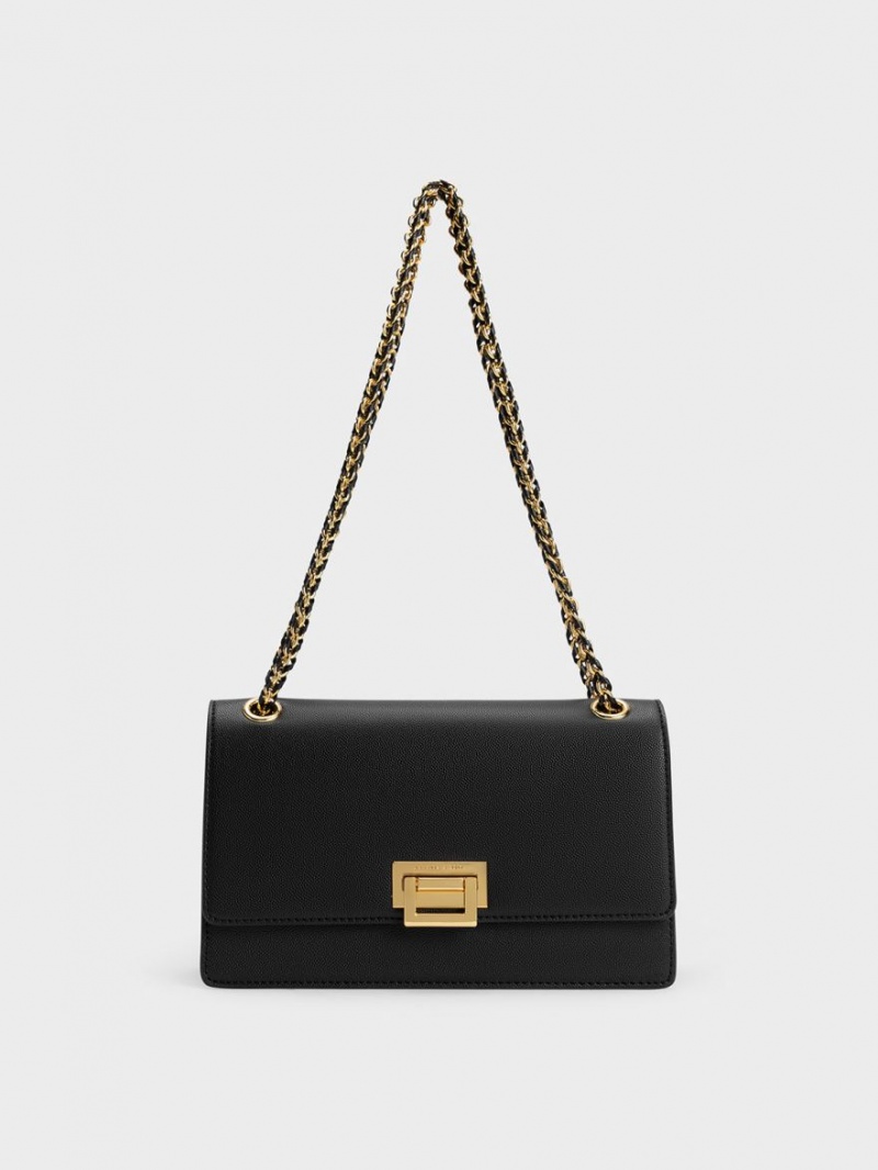 Charles & Keith Metallic Accent Front Flap Skulderveske Svarte | QPBTW0267