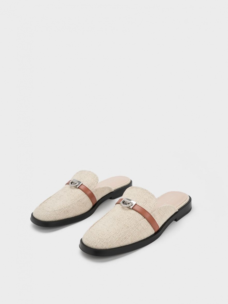 Charles & Keith Metallic Accent Linen Loafer Mules Sko Beige | KRHLS6170