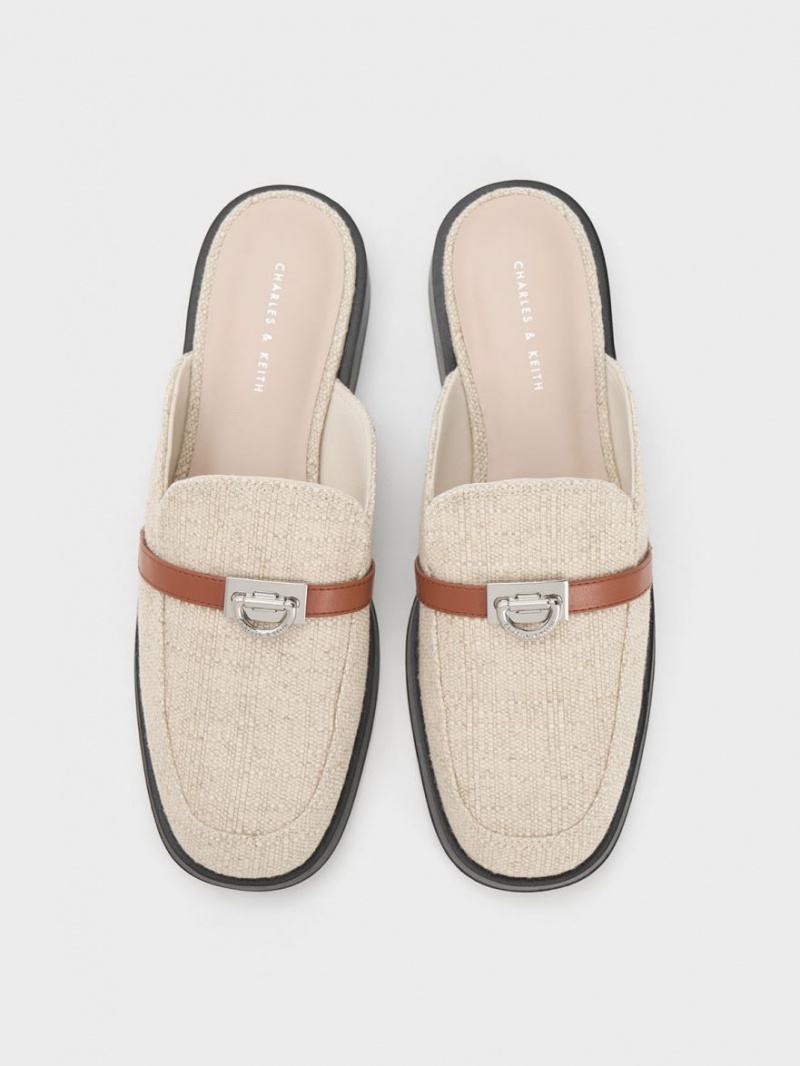 Charles & Keith Metallic Accent Linen Loafer Mules Sko Beige | KRHLS6170