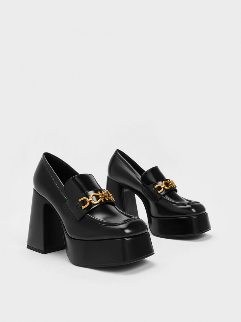 Charles & Keith Metallic Accent Platform Loafers Svarte | TJKMO5920