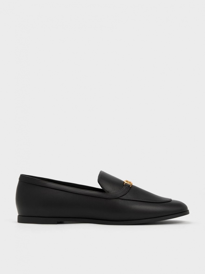 Charles & Keith Metallic Accent Round-Tå Loafers Svarte | GTRDJ6039