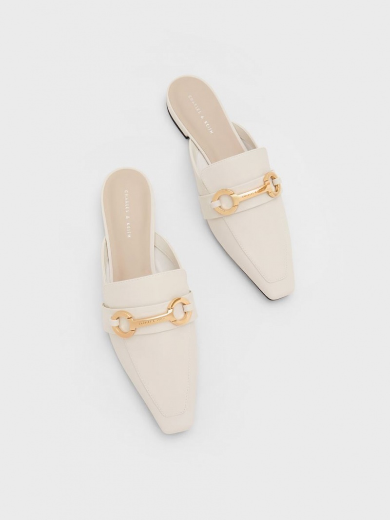 Charles & Keith Metallic Accent Tapered Flate Mules Sko Hvite | HWTDV3568