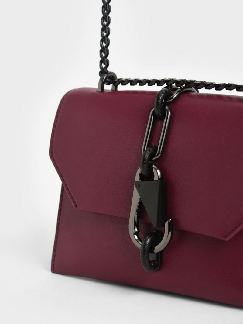 Charles & Keith Metallic Accent Turn-Lock Crossbody Veske Burgunder | QJLIS9304