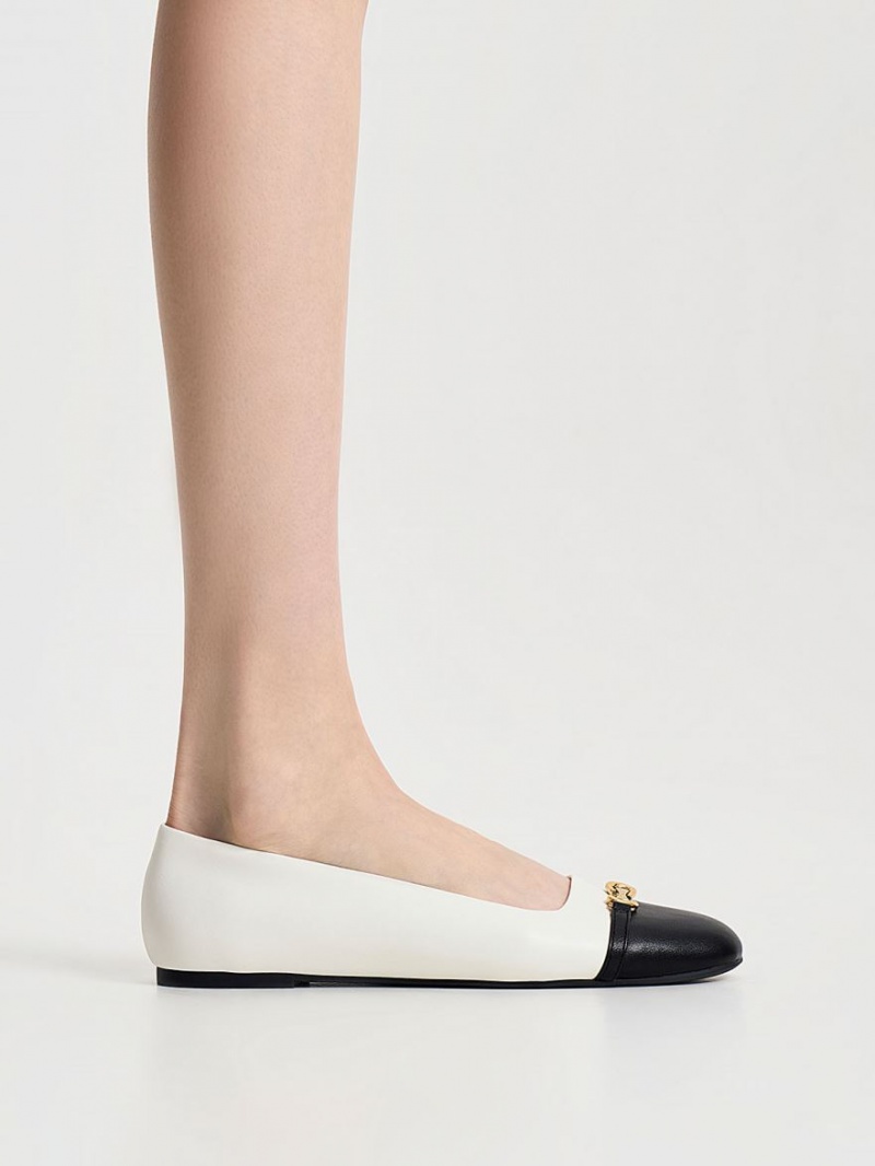 Charles & Keith Metallic Accent Two-Tone Ballerinasko Hvite | OPCDH2650