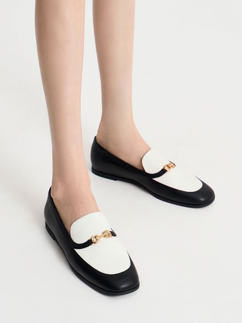 Charles & Keith Metallic Accent Two-Tone Round-Tå Loafers Svarte Hvite | NCAEI2758