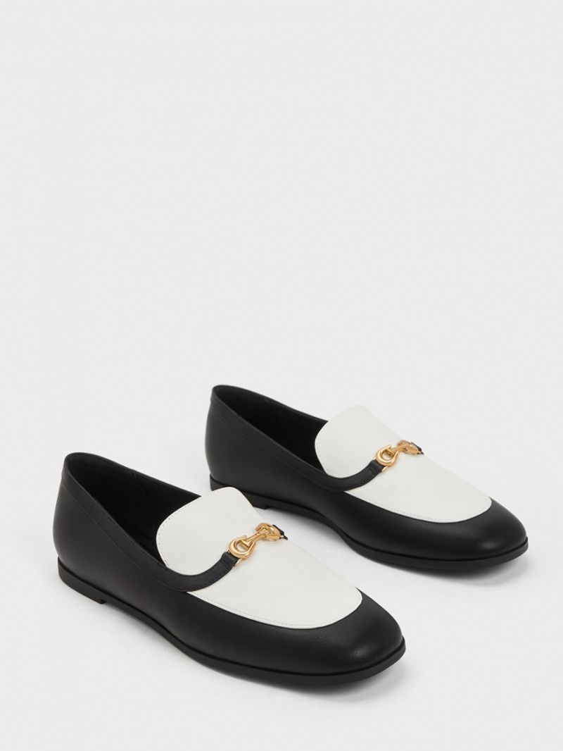 Charles & Keith Metallic Accent Two-Tone Round-Tå Loafers Svarte Hvite | NCAEI2758