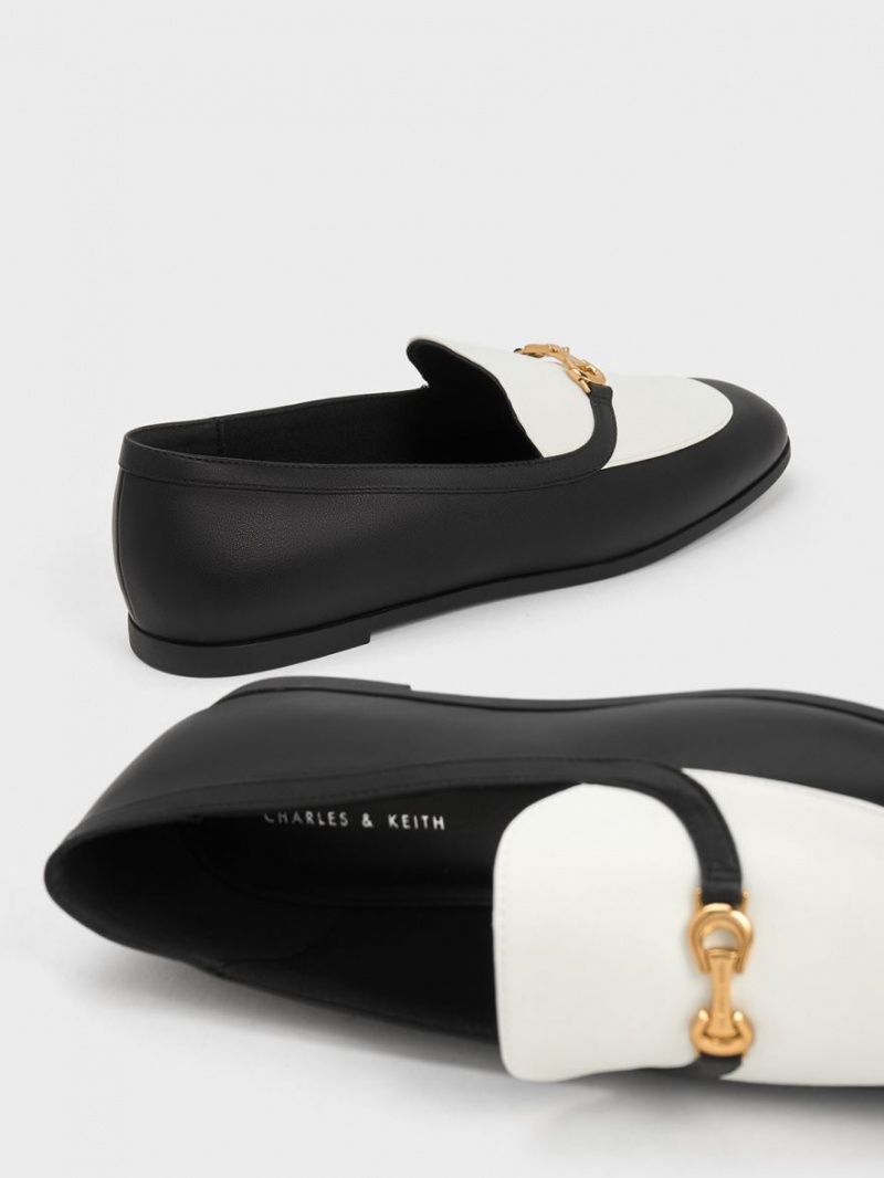 Charles & Keith Metallic Accent Two-Tone Round-Tå Loafers Svarte Hvite | NCAEI2758