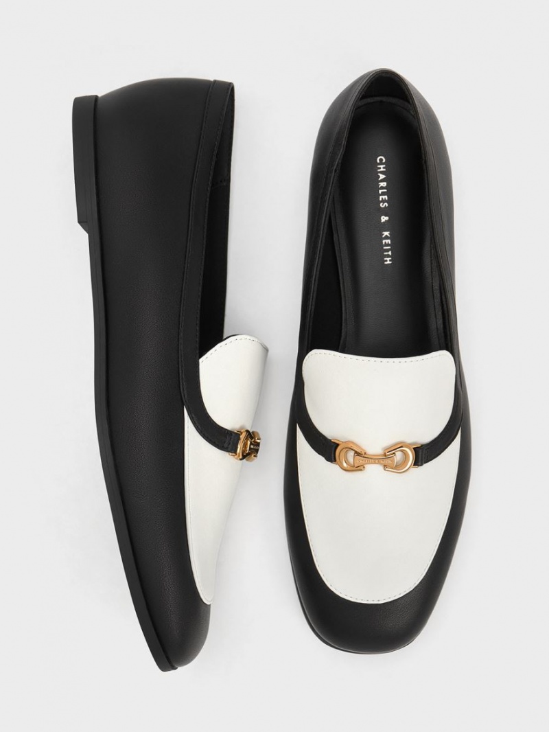 Charles & Keith Metallic Accent Two-Tone Round-Tå Loafers Svarte Hvite | NCAEI2758