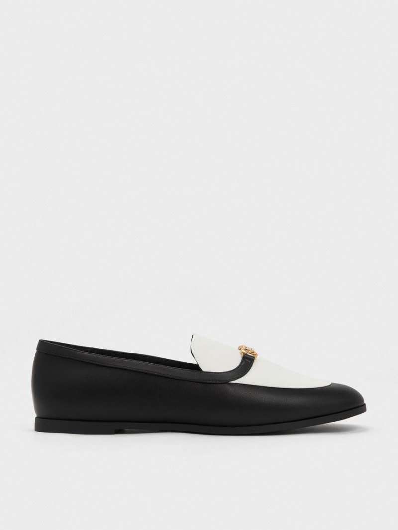 Charles & Keith Metallic Accent Two-Tone Round-Tå Loafers Svarte Hvite | NCAEI2758