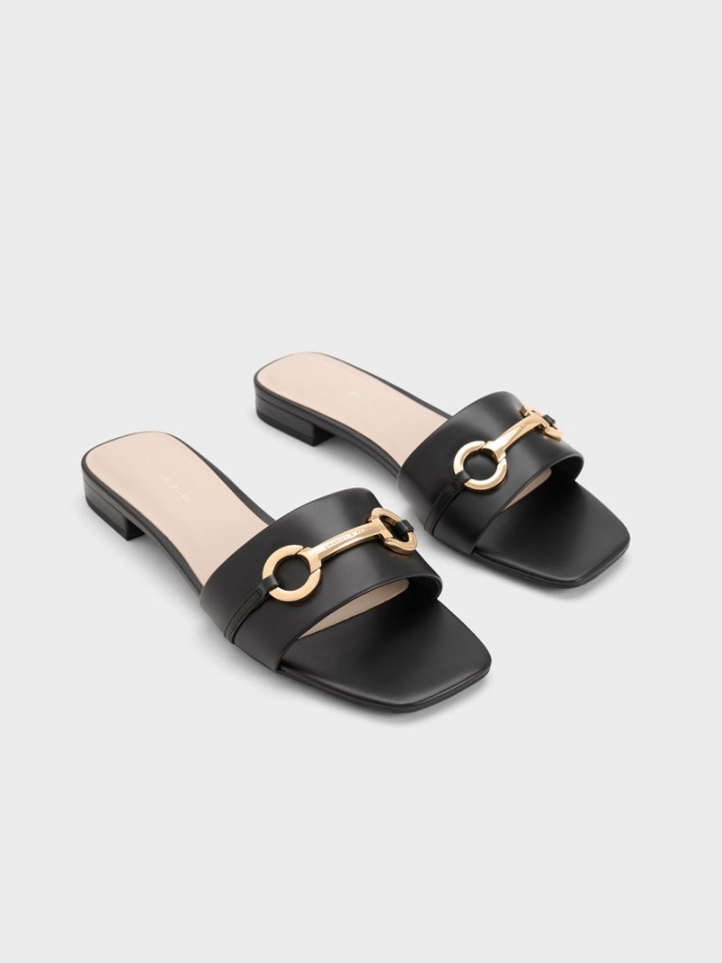 Charles & Keith Metallic Bar Slidesandaler Svarte | HTOUZ2159