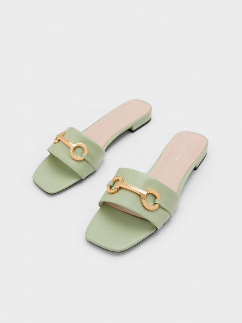 Charles & Keith Metallic Bar Slidesandaler Mint | ZFXBG4265