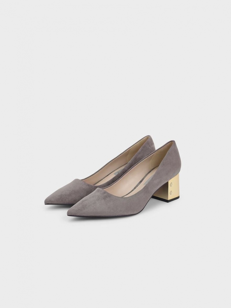 Charles & Keith Metallic Block Heel Textured Pumps Grå | LJRCA5073