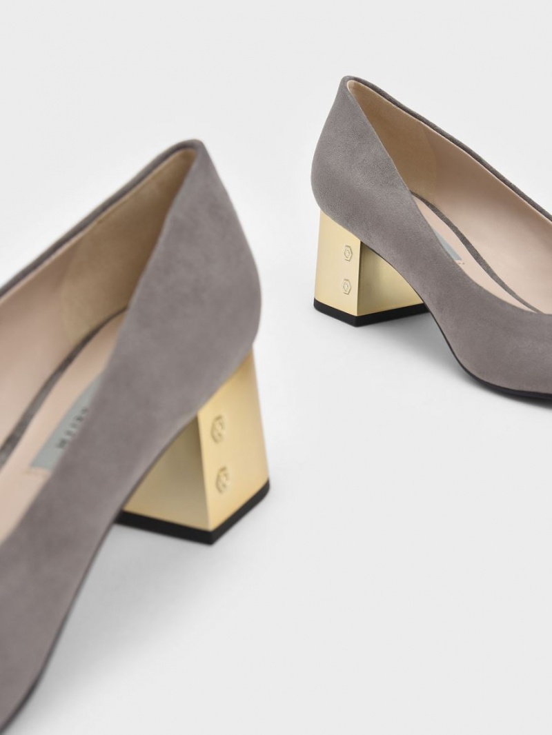 Charles & Keith Metallic Block Heel Textured Pumps Grå | LJRCA5073