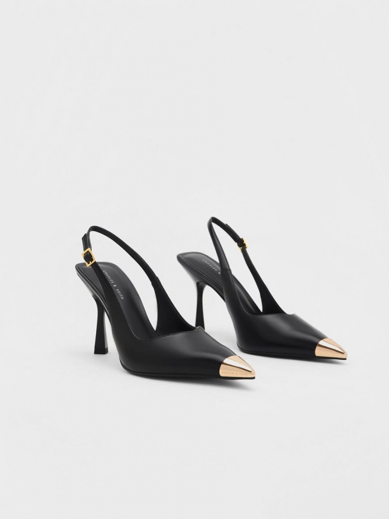 Charles & Keith Metallic Cap Pointed-Tå Slingback Pumps Svarte | XLRIZ0657