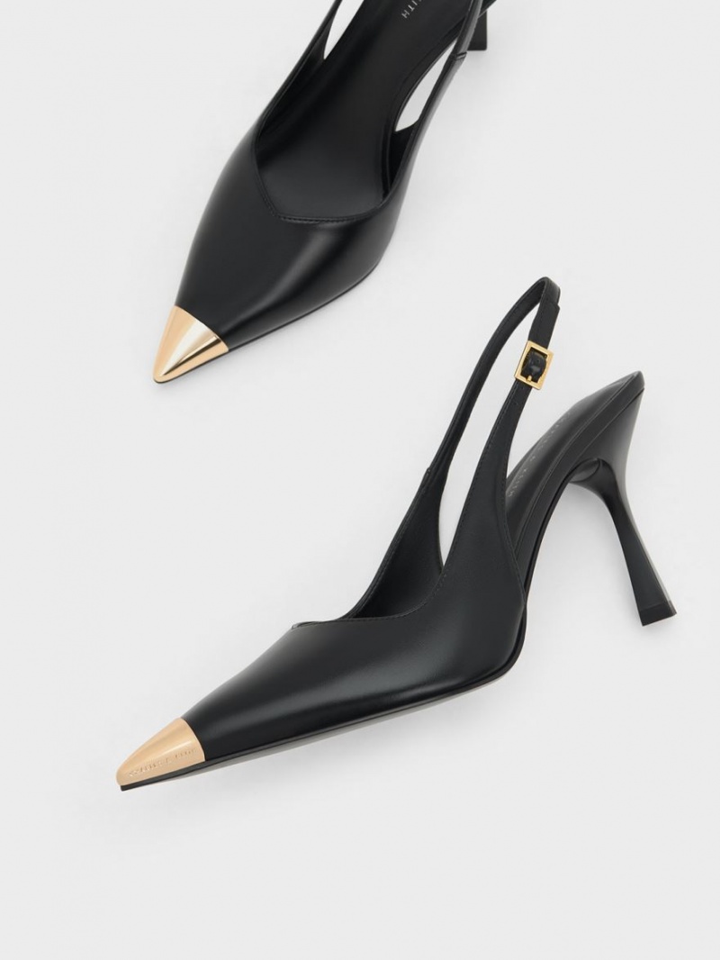 Charles & Keith Metallic Cap Pointed-Tå Slingback Pumps Svarte | XLRIZ0657