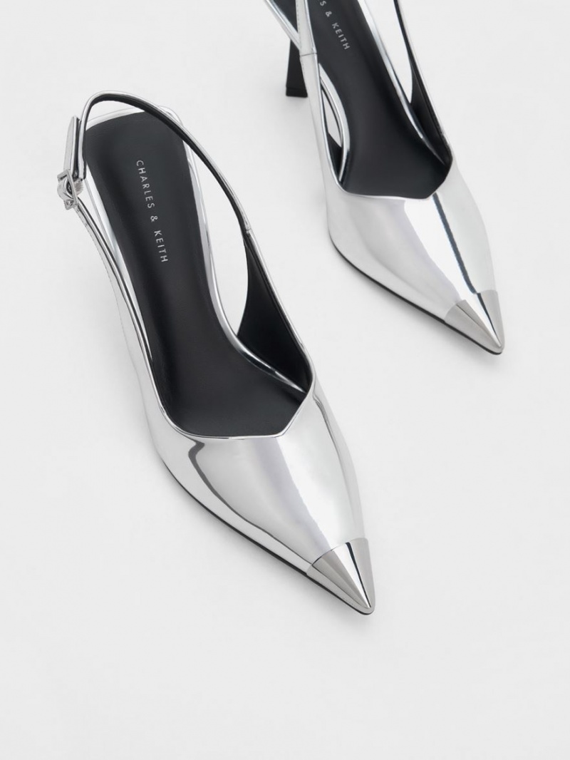 Charles & Keith Metallic Cap Pointed-Tå Slingback Pumps Sølv | ALDRM6304