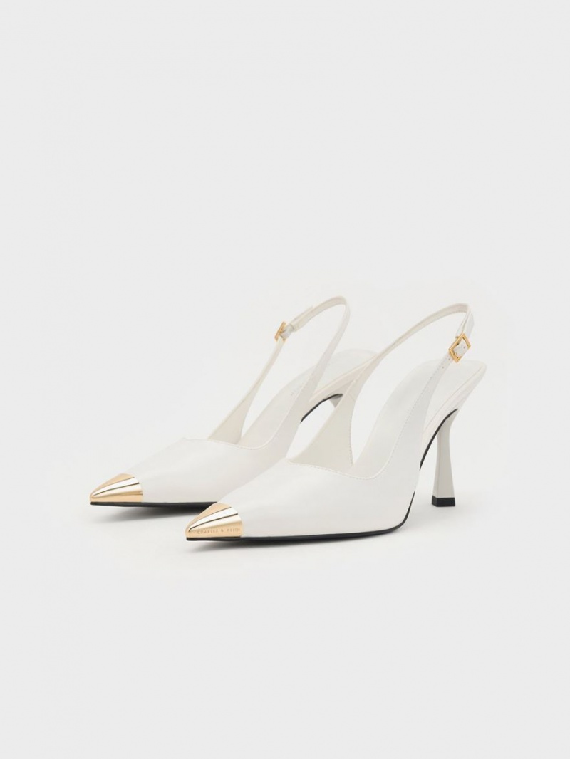 Charles & Keith Metallic Cap Pointed-Tå Slingback Pumps Hvite | GTFMP1420