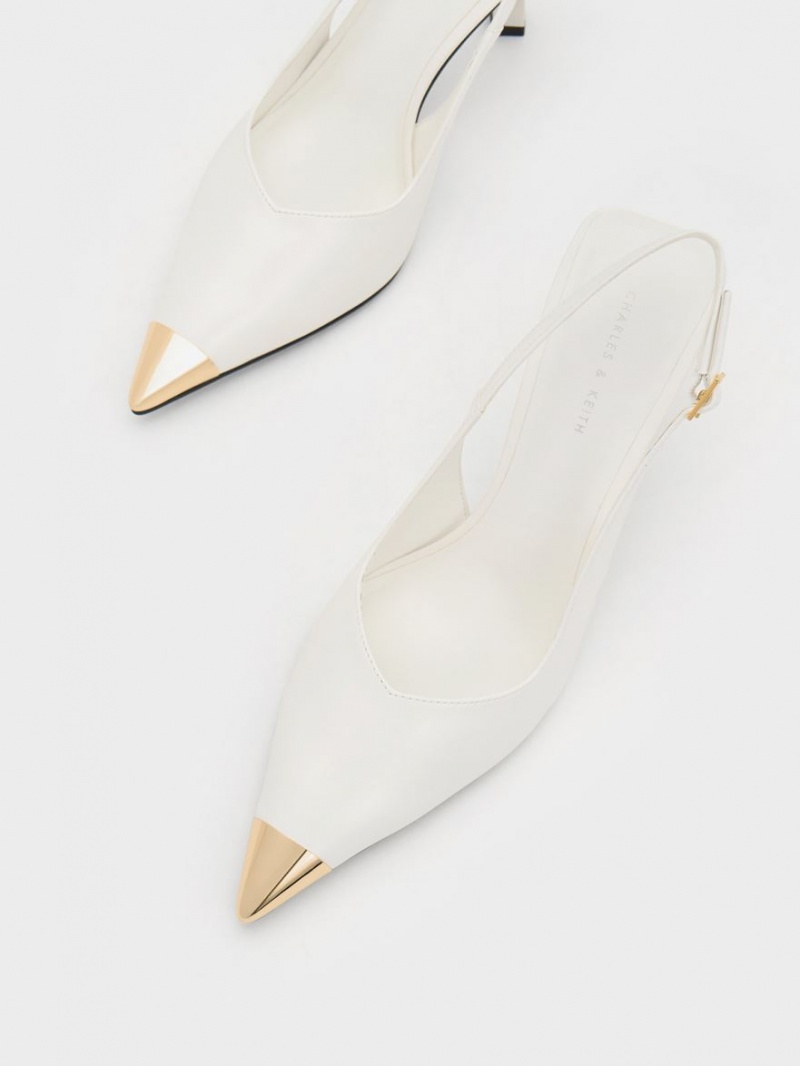 Charles & Keith Metallic Cap Pointed-Tå Slingback Pumps Hvite | GTFMP1420