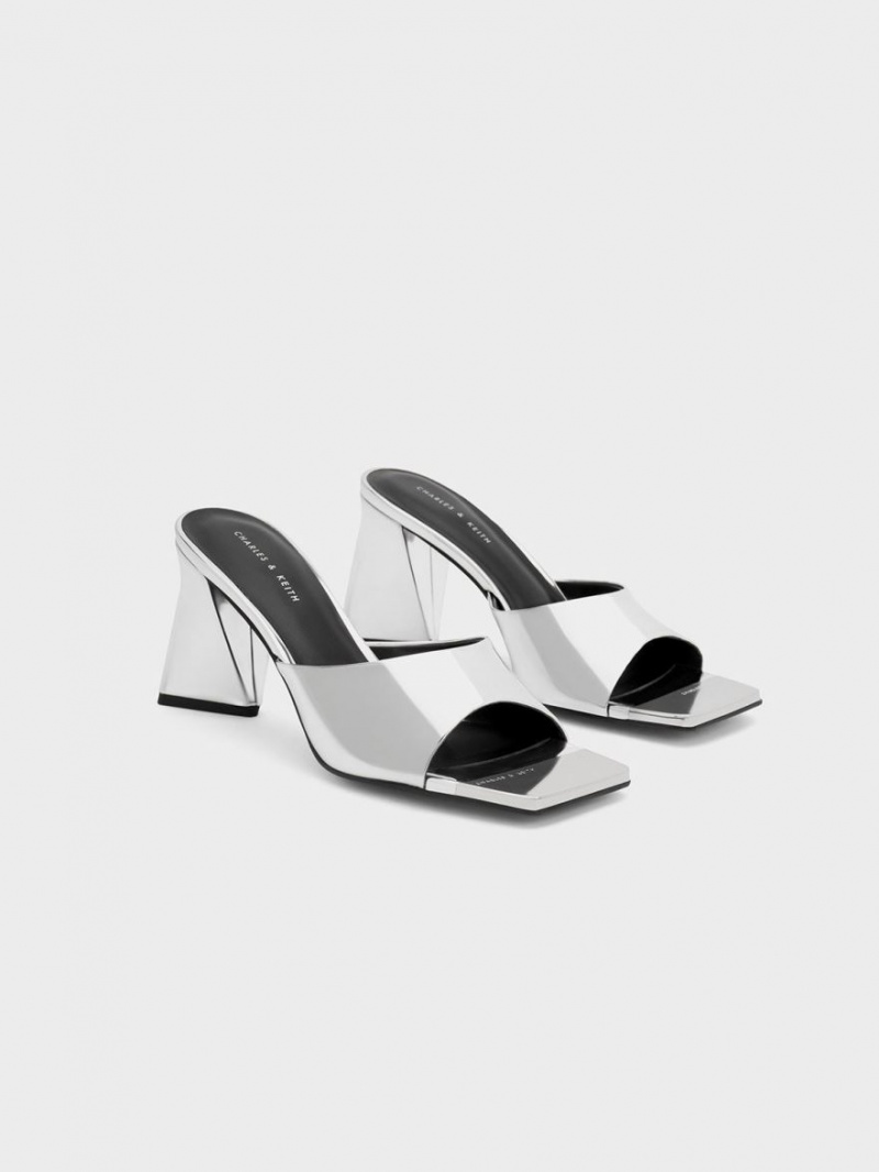 Charles & Keith Metallic Cap Sculptural Heel Mules Sko Sølv | QVSBI1462