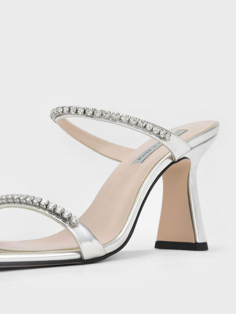 Charles & Keith Metallic Gem-Encrusted Sandaler med Hæl Sølv | BGCYM3290