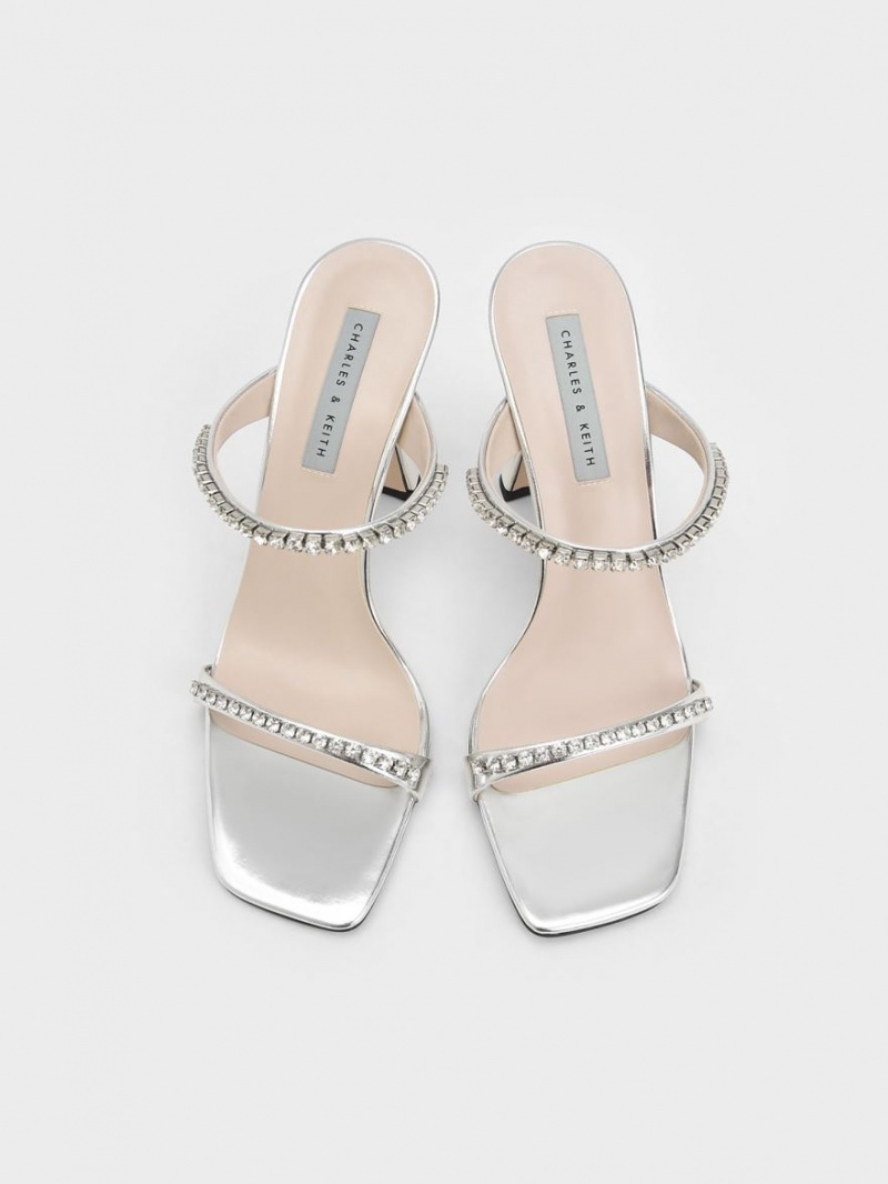 Charles & Keith Metallic Gem-Encrusted Sandaler med Hæl Sølv | BGCYM3290