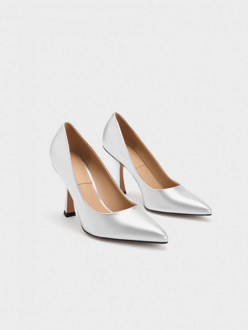 Charles & Keith Metallic Lær Flare Heel Pumps Sølv | MJXEN9532