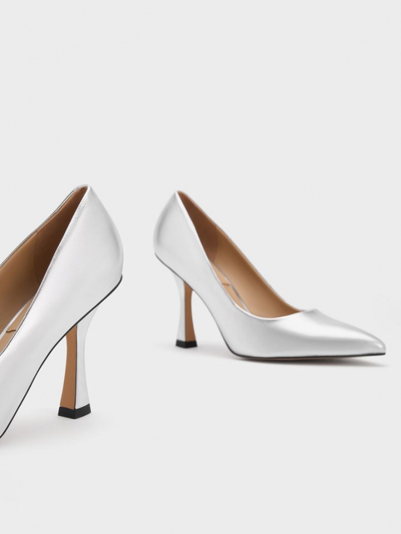 Charles & Keith Metallic Lær Flare Heel Pumps Sølv | MJXEN9532