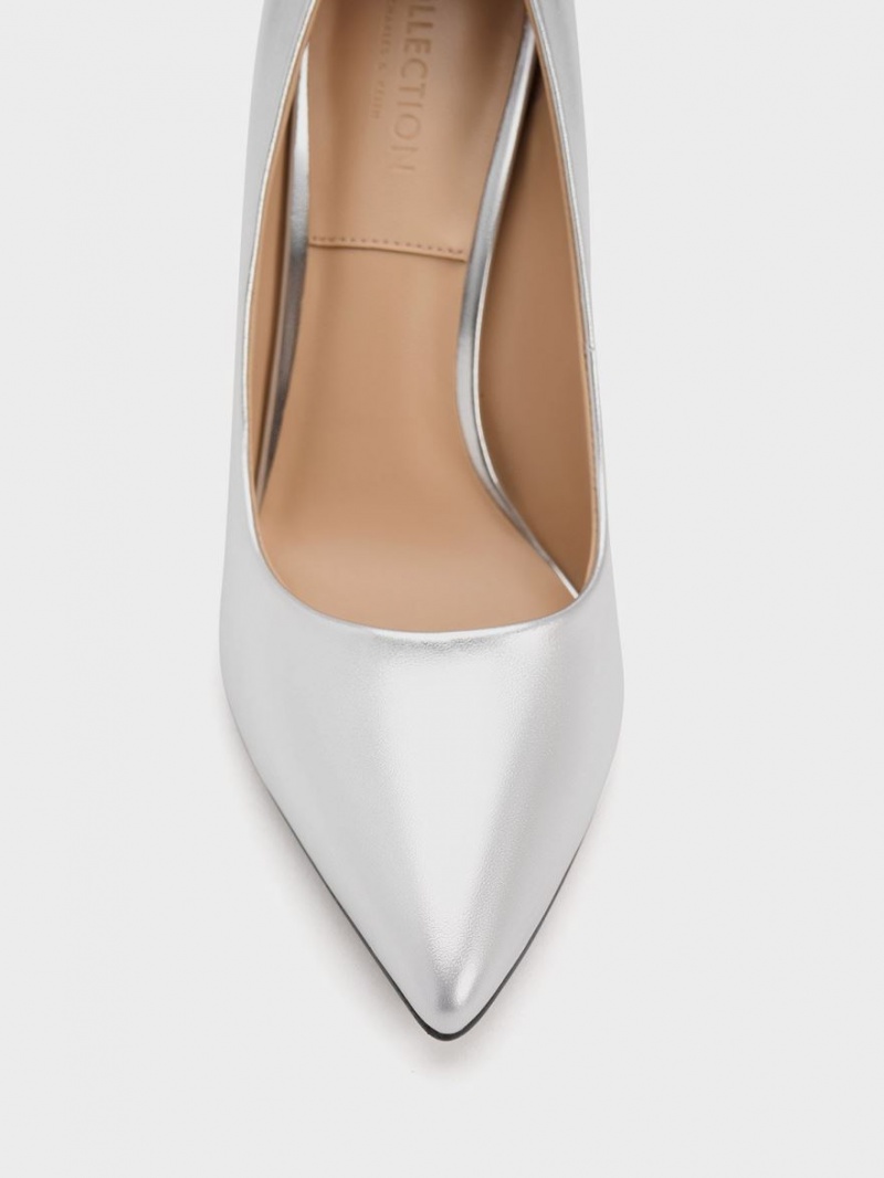 Charles & Keith Metallic Lær Flare Heel Pumps Sølv | MJXEN9532