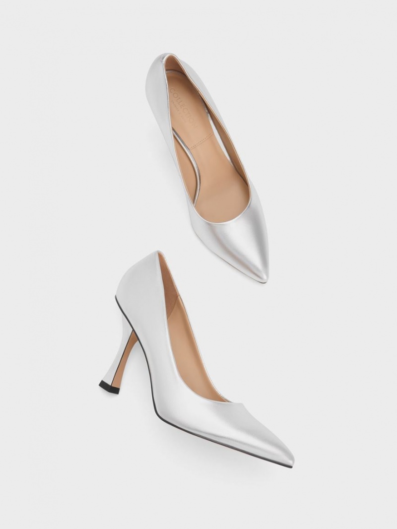 Charles & Keith Metallic Lær Flare Heel Pumps Sølv | MJXEN9532