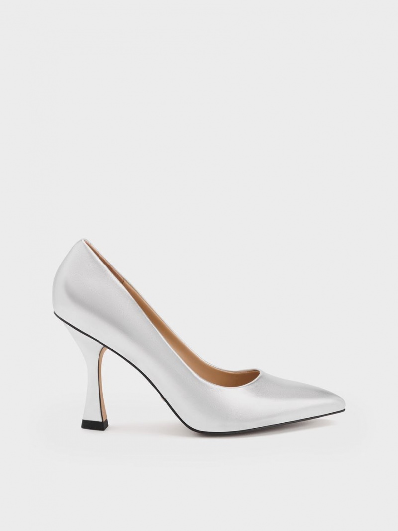 Charles & Keith Metallic Lær Flare Heel Pumps Sølv | MJXEN9532