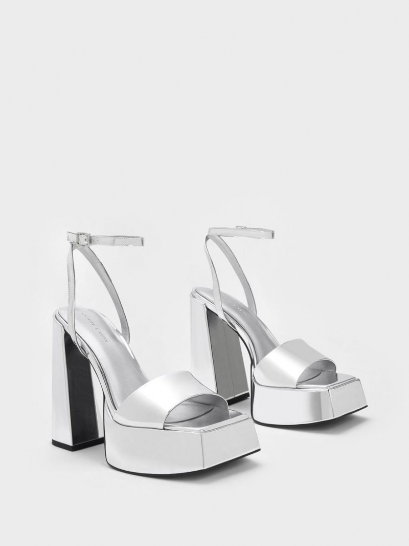 Charles & Keith Metallic Platform Ankle Sandaler Med Reim Sølv | GDQAU6093