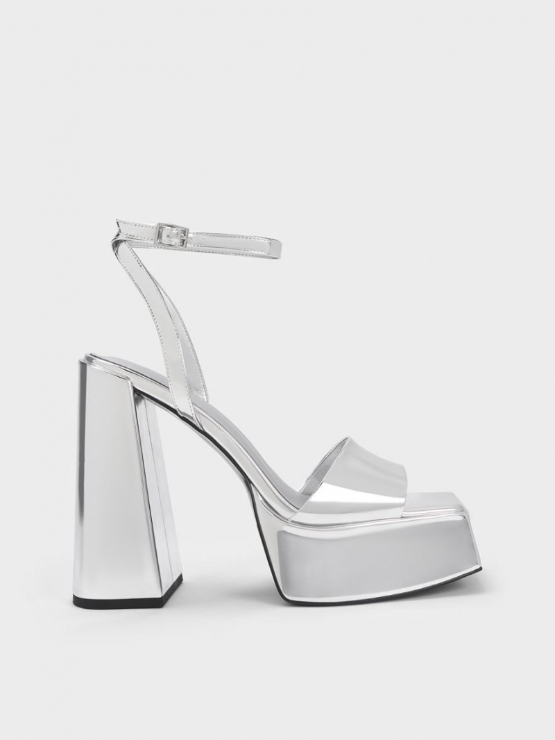 Charles & Keith Metallic Platform Ankle Sandaler Med Reim Sølv | GDQAU6093