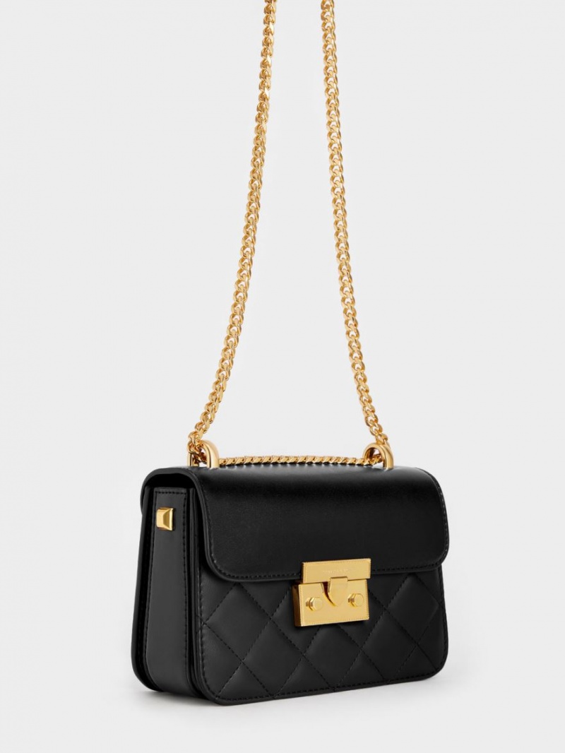 Charles & Keith Metallic Push-Lock Chain Crossbody Veske Svarte | XFAPN9418