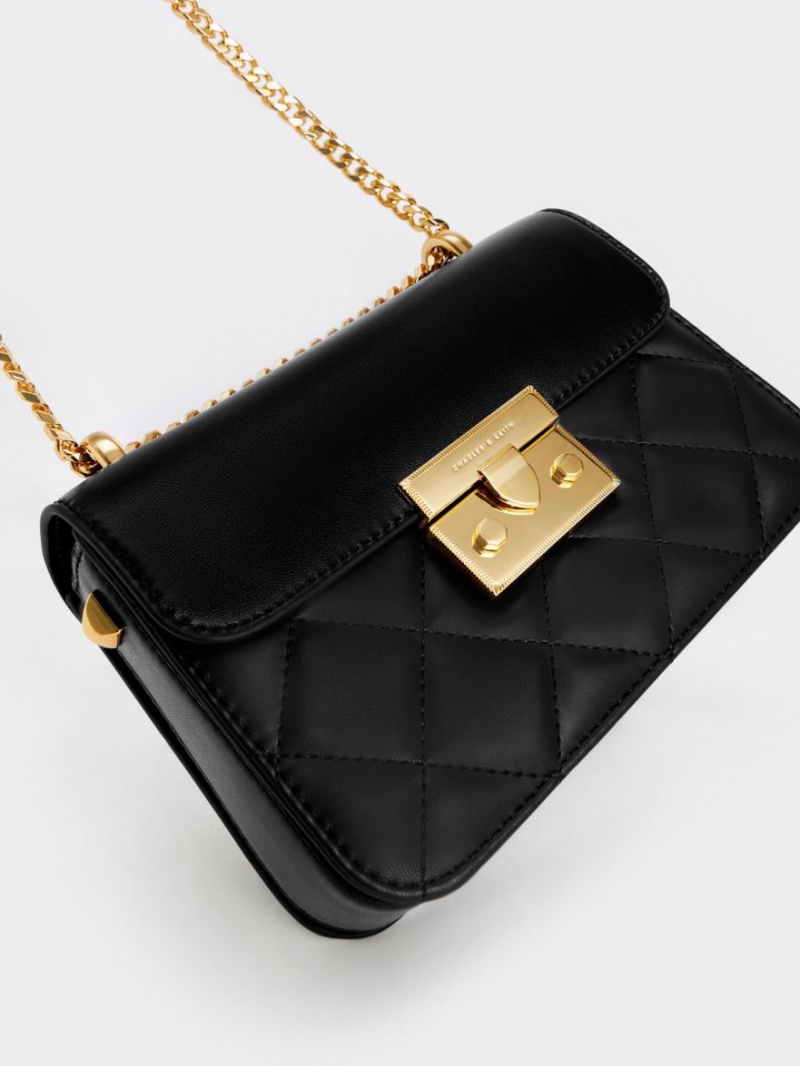 Charles & Keith Metallic Push-Lock Chain Crossbody Veske Svarte | XFAPN9418