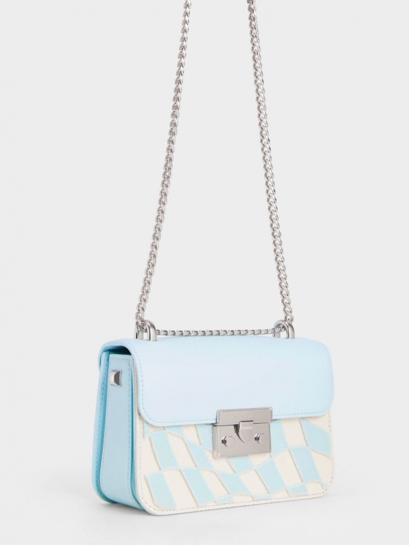 Charles & Keith Metallic Push-Lock Checkered Chain Crossbody Veske Lyse Blå | OXUKJ8076