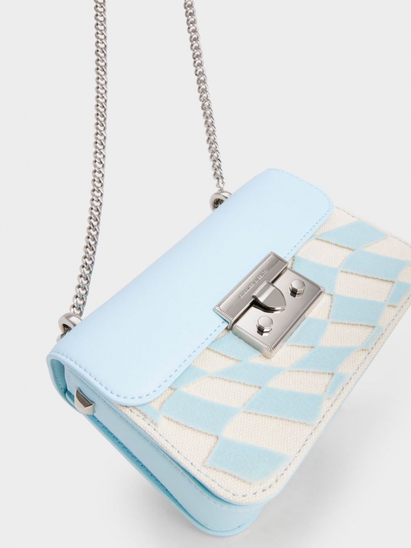 Charles & Keith Metallic Push-Lock Checkered Chain Crossbody Veske Lyse Blå | OXUKJ8076