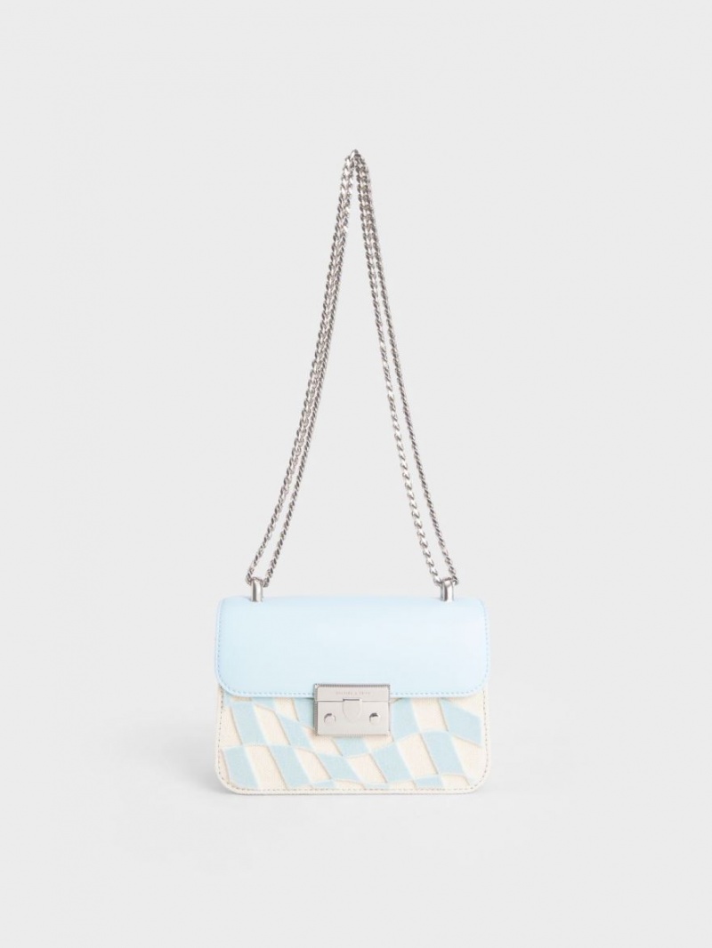 Charles & Keith Metallic Push-Lock Checkered Chain Crossbody Veske Lyse Blå | OXUKJ8076