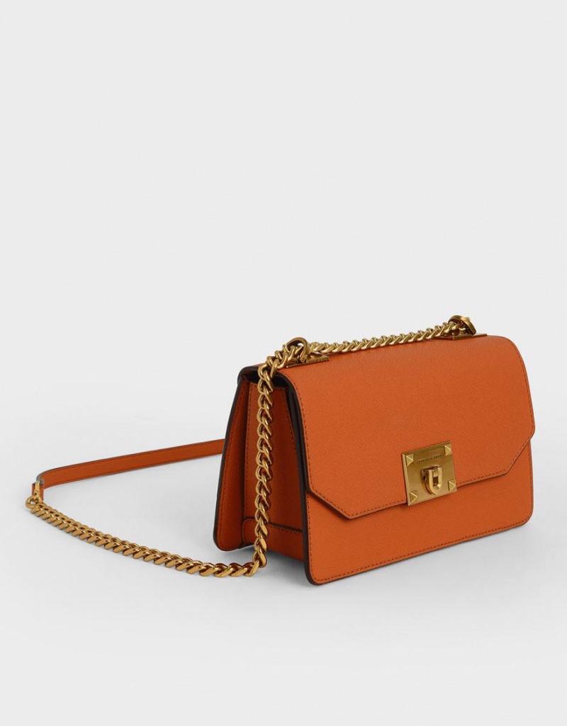 Charles & Keith Metallic Push-Lock Crossbody Veske Oransje | HVFYL1983