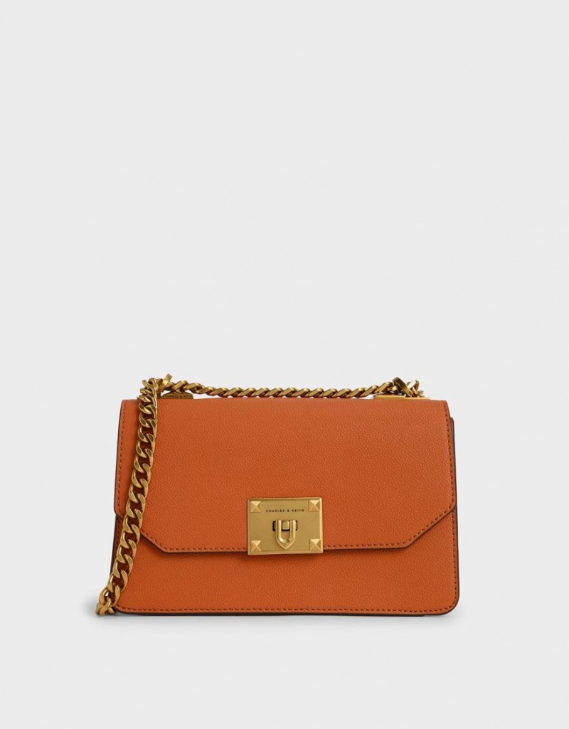 Charles & Keith Metallic Push-Lock Crossbody Veske Oransje | HVFYL1983