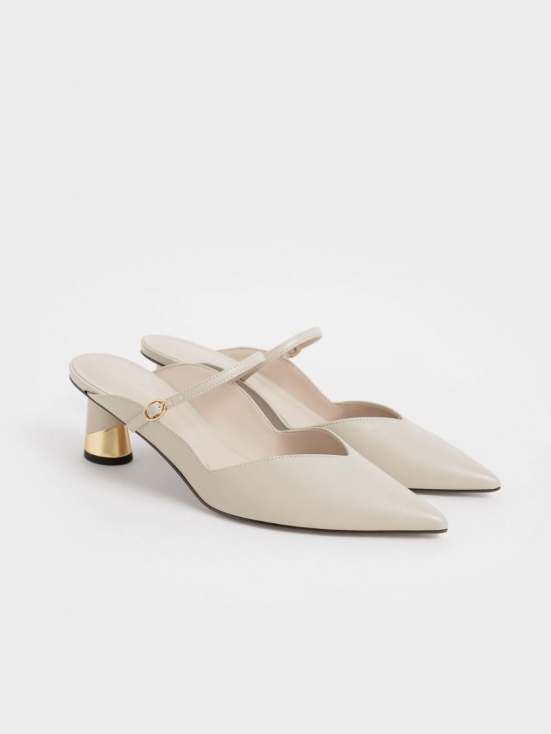 Charles & Keith Metallic Sculptural Heel Mules Sko Pisket Krem | NDMRW4735