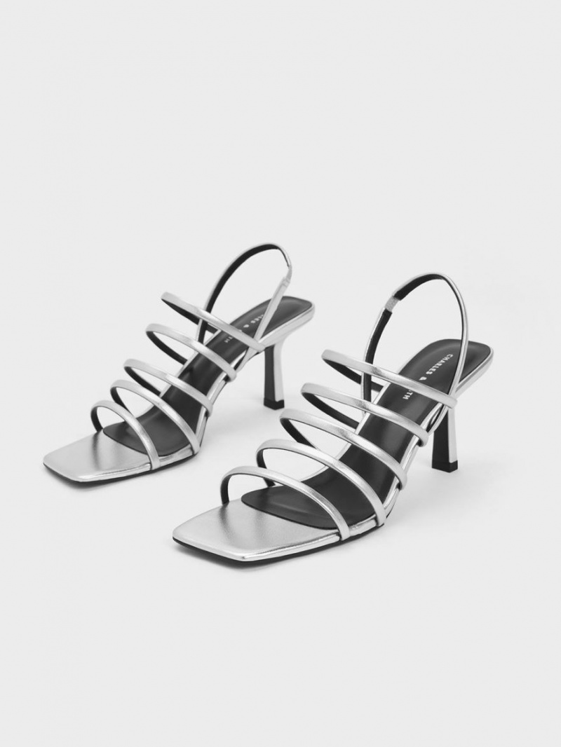 Charles & Keith Metallic Strappy Blade Sandaler med Hæl Sølv | JYQBZ5312