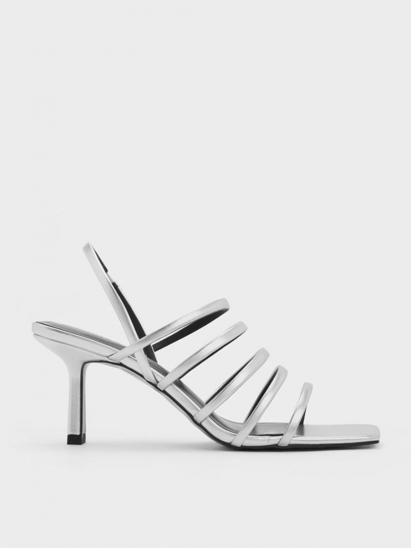 Charles & Keith Metallic Strappy Blade Sandaler med Hæl Sølv | JYQBZ5312