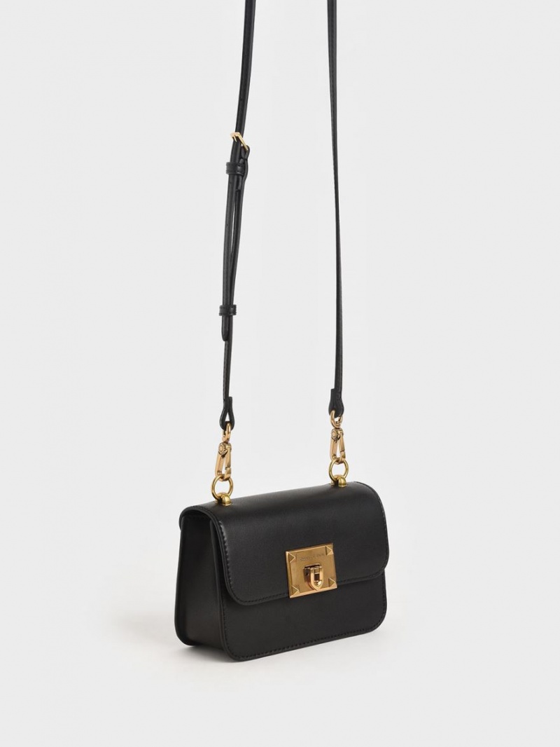 Charles & Keith Metallic Turn-Lock Skulderveske Svarte | YZQEI5836