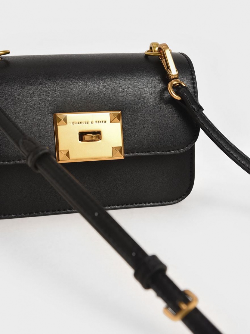 Charles & Keith Metallic Turn-Lock Skulderveske Svarte | YZQEI5836