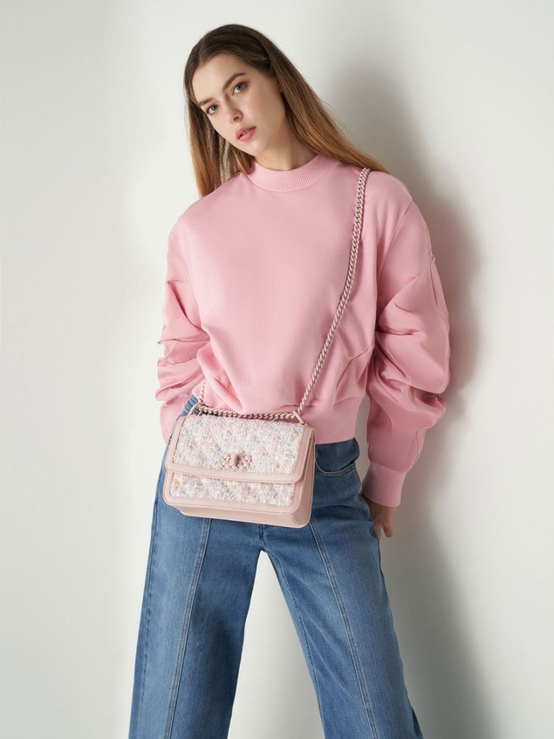 Charles & Keith Micaela Tweed Vattert Chain Crossbody Veske Lyse Rosa | DNCFI4210